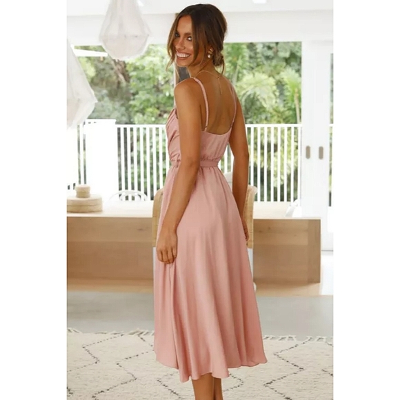 LAST ONE! Plus Size HARPER GRACE Pink Spaghetti Strap Midi Dress With Ruching - Picture 2 of 6